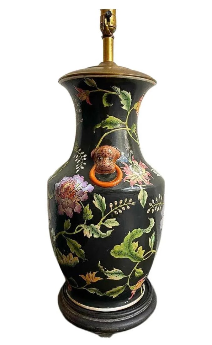 Vintage Black Floral Chinoiserie Lamp With Leopard Like Foo Dog Accents - 2