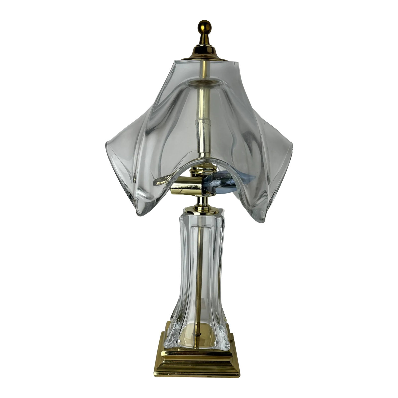 1970's Cofrac Art Verrier Style Leaded Crystal Glass and Brass Table Lamp: Gorgeous handblown crystal art glass table lamp with brass base, center and top, presumably by Cofrac Art Verrier in France. This item is unmarked, but Cofrac tags their items with labels, which are o