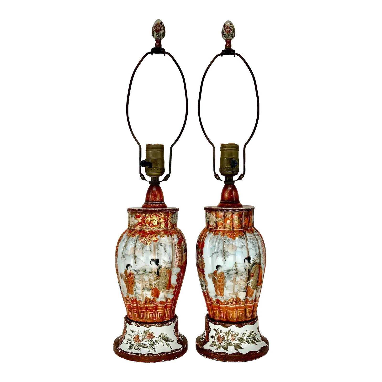 Pair of Antique Japanese Kutani Hand Painted Table Lamps.: Lovely pair of 19th century Japanese scalloped Meiji period Kutani vases. Mounted as lamps in mid 20th century. Intricately hand decorated and gilt .Custom bases and finials hand painted to match. Con