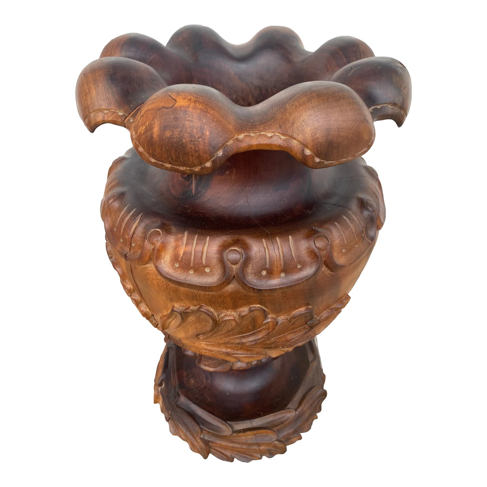 Large Single Block Hand-Carved Ornate Walnut Urn: This piece was made from a single block of walnut and finished with beautiful hand-carved patterns. The rim gives the impression of delicate wooden petals. It is large (17.5" tall) heavy (18 lbs) and