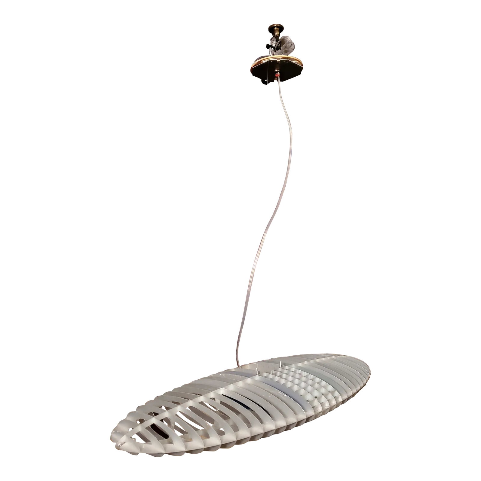 Vintage Space Age 80's Designer Ufo Shape Chandelier: A circa 1980's hanging light fixture in the shape of a ufo . Very intricate in design with super fine quality construction. Having a space age futuristic modern art look with subtle multicolored flaps