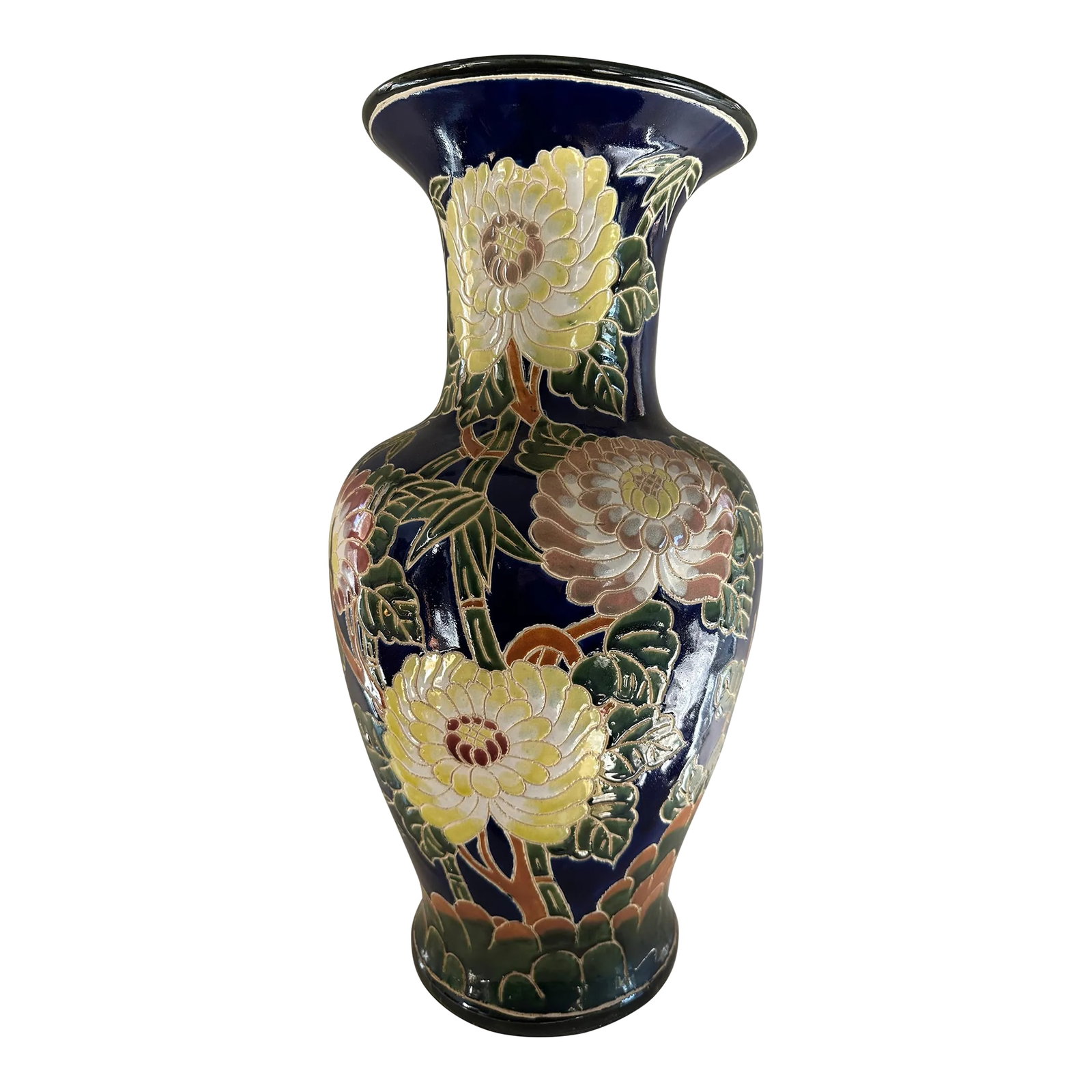 Mid 20th Century Large Chinoiserie Floral and Bamboo Ceramic Vase: Stunning chinoiserie style extra large vase with vibrant colors depicting bamboo and flora. Condition: Alterations: Original Condition Unaltered Imperfections: Some Imperfections Condition Notes: