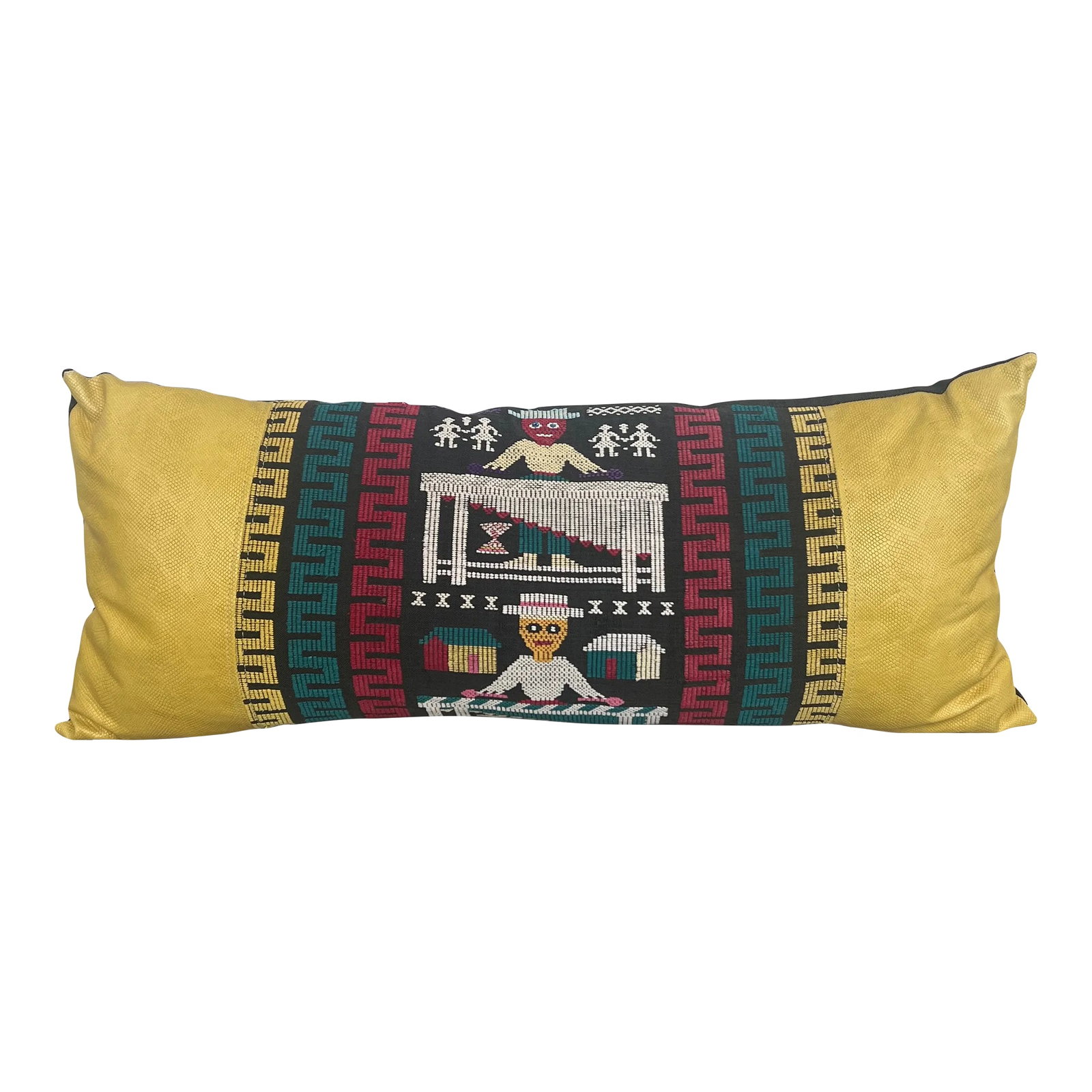 Vintage Peruvian Pillow With Yellow Snakeskin Leather: One of the coolest pillows we have ever seen. Made with a yellow snakeskin leather, the front features a vintage Peruvian needlepoint design. The back is a solid black denim type fabric. Hidden