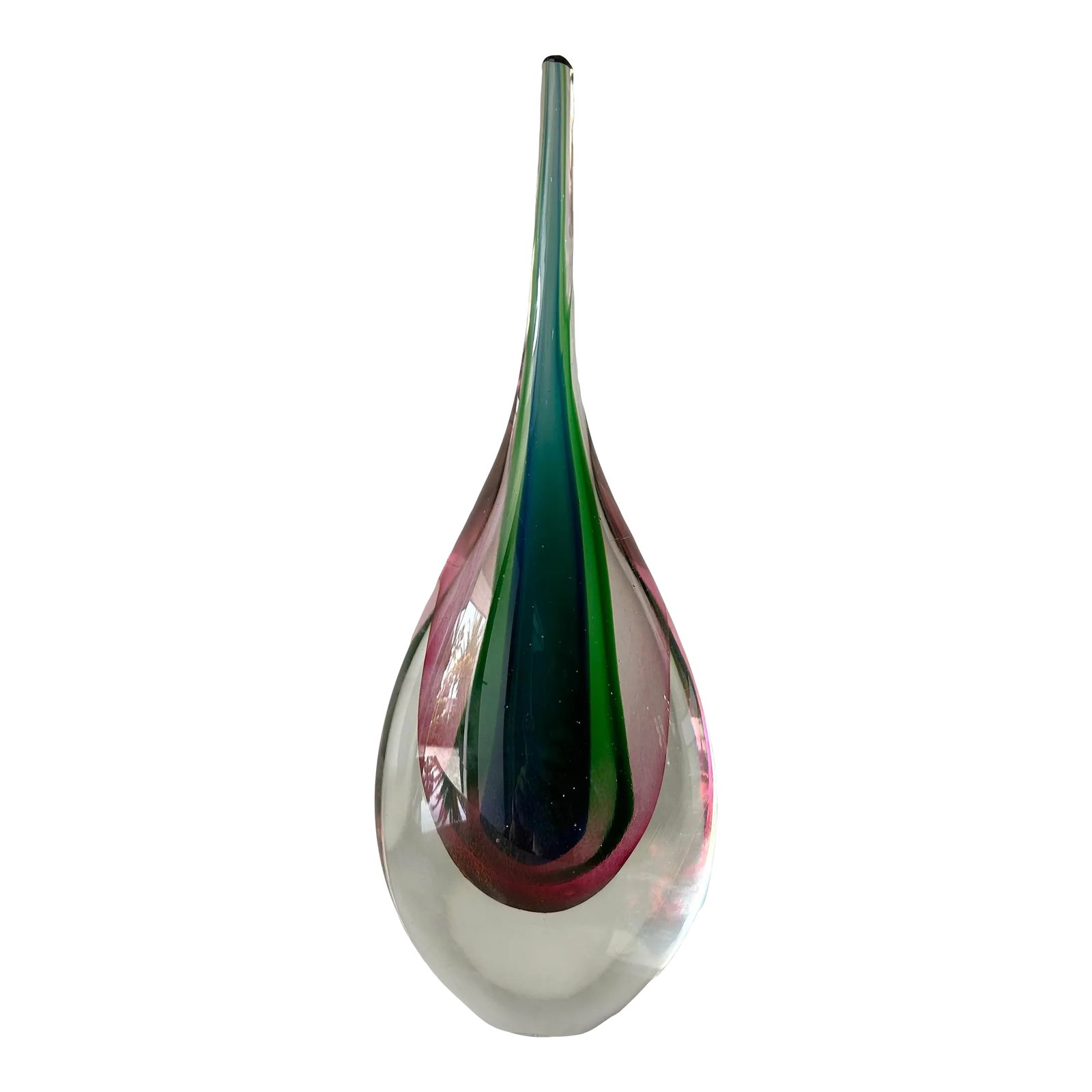 Sommerso Teardrop by Flavio Poli for Seguso Vetri D'Arte, 1960's: Mid Century glass art sculpture. Pink, green and blue floating and overlapping, really beautiful. Murano glass, Sommerso triple teardrop Flavio Poli for Seguso, made in Italy. Condition: Alterations: 