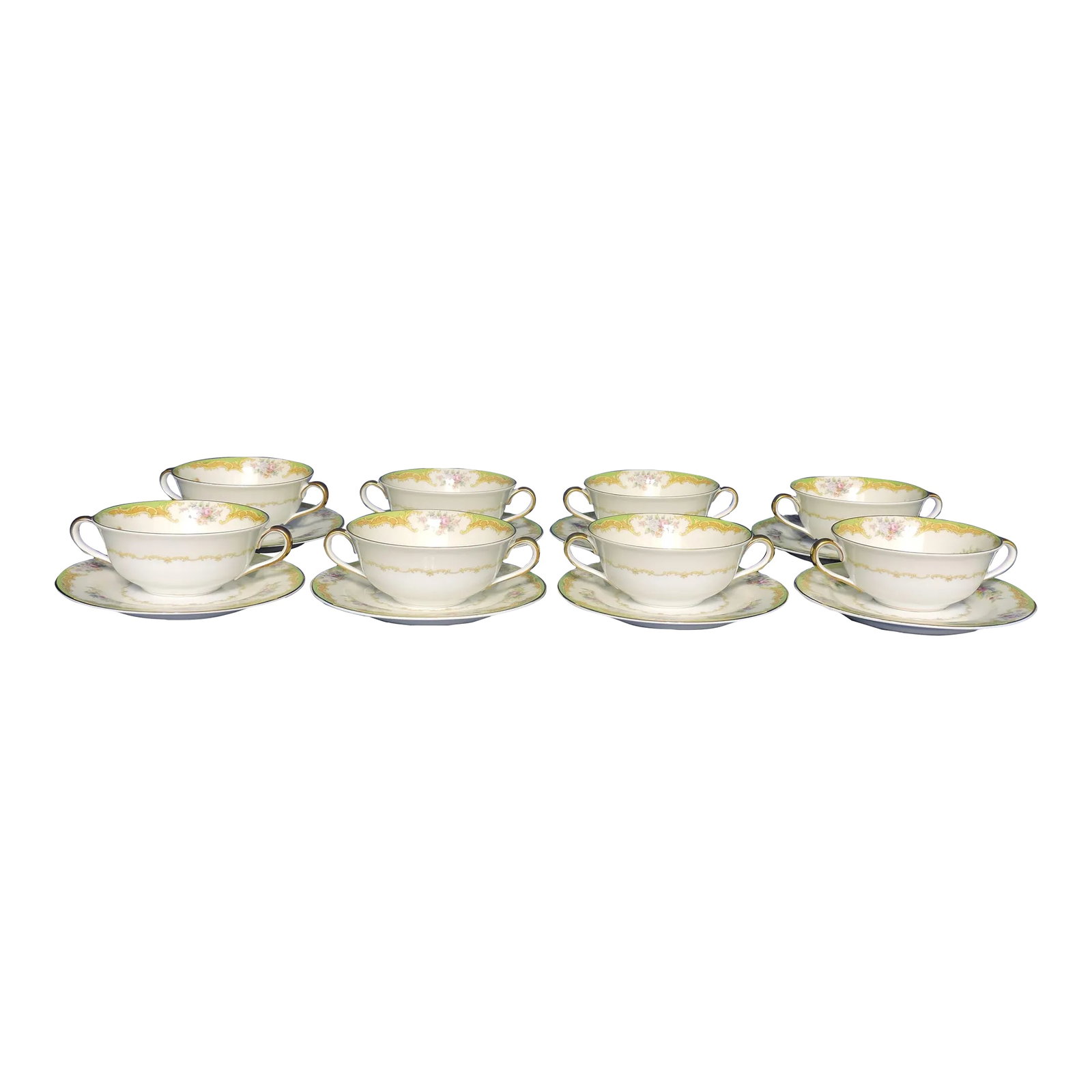 Early 20th Century Noritake Morimura Bro's Japanese Porcelain Echinacea & Rose Double Handled Cream: This Noritake set of eight double handled cream soup cups and saucers was made by the Morimura Brother's circa 1933. This set was made with a transferware pattern of a floral bouquet with green edges