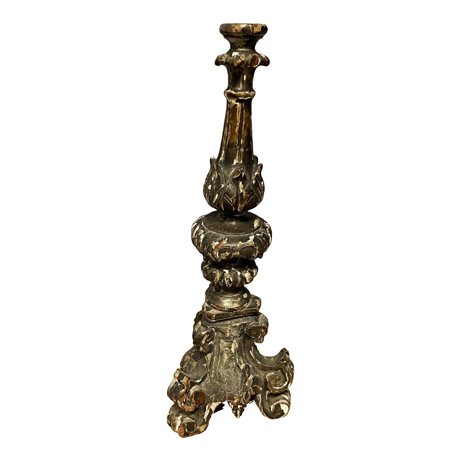 Antique Baroque Wooden Candle Holder: Antique Wooden Baroque Candlestick in distressed condition. Measures 20.5 inches tall x 7 "base. Beautiful worn patina - Great decorative value and an antique piece. Condition: Alterations: Original