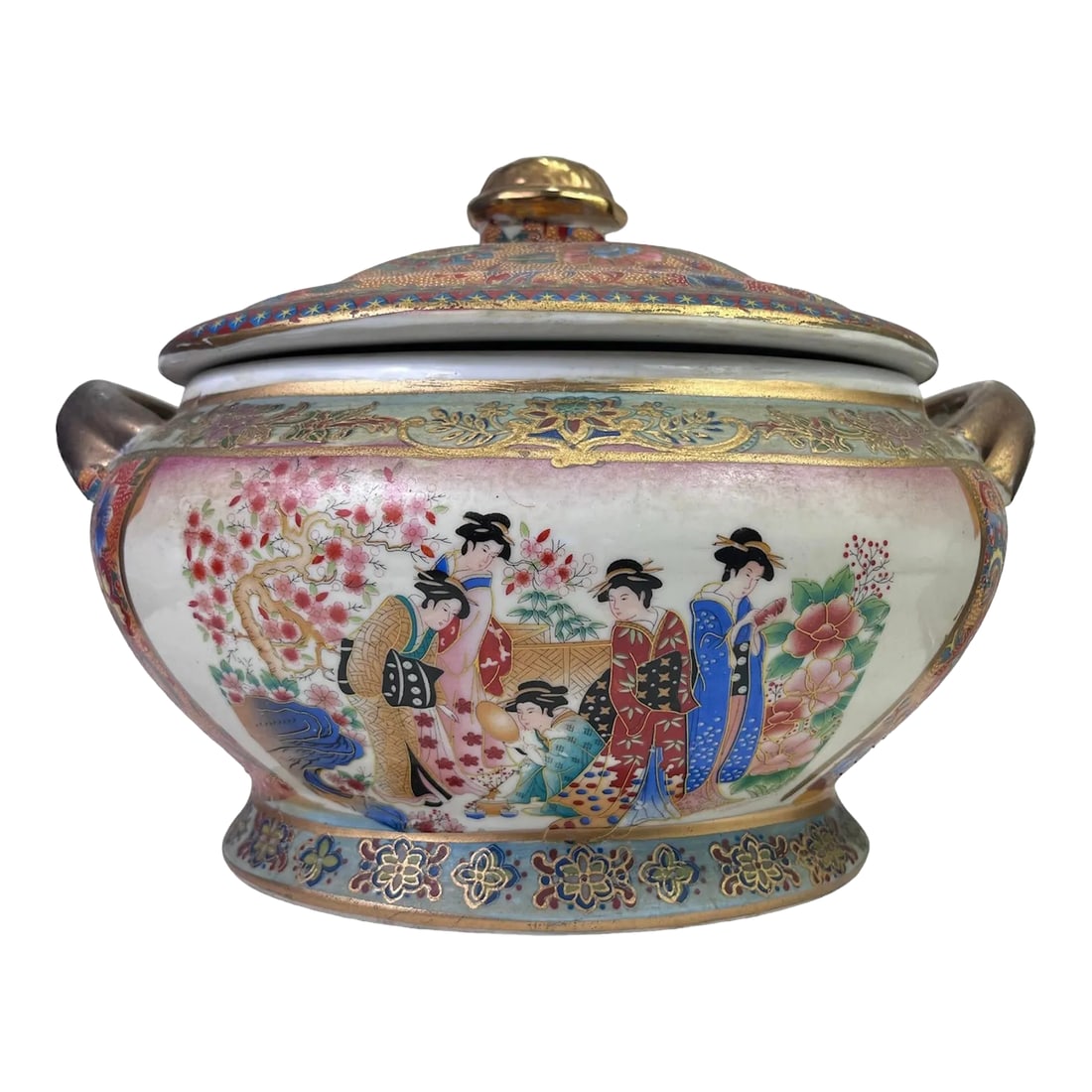 Early 1900s Antique Satsuma Style Tureen With Under Plate: Add an Asian touch to your decor with this wonderful Satsuma style parcel-gilt porcelain covered tureen, with raised enamel, pierced lid, applied floral accents and gilt handles, featuring birds and f