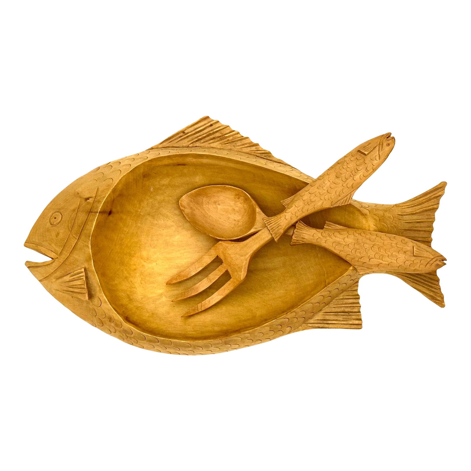 1960s Gerard Fortin Hand Carved Bowl & Utensils: This hand carved bowl and utensils were made by Gerard Fortin of Saint-Jean Port Joli - Quebec. Fortin was an accomplished wood carver and sculptor that passed away during the 1990s. The back of the