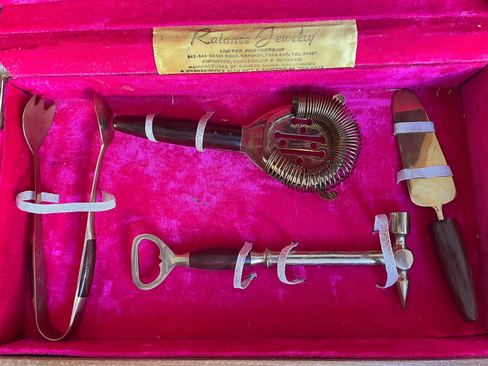 1940s Vintage Wood and Brass Bar Service Set From Thailand- 8 Pieces - 3