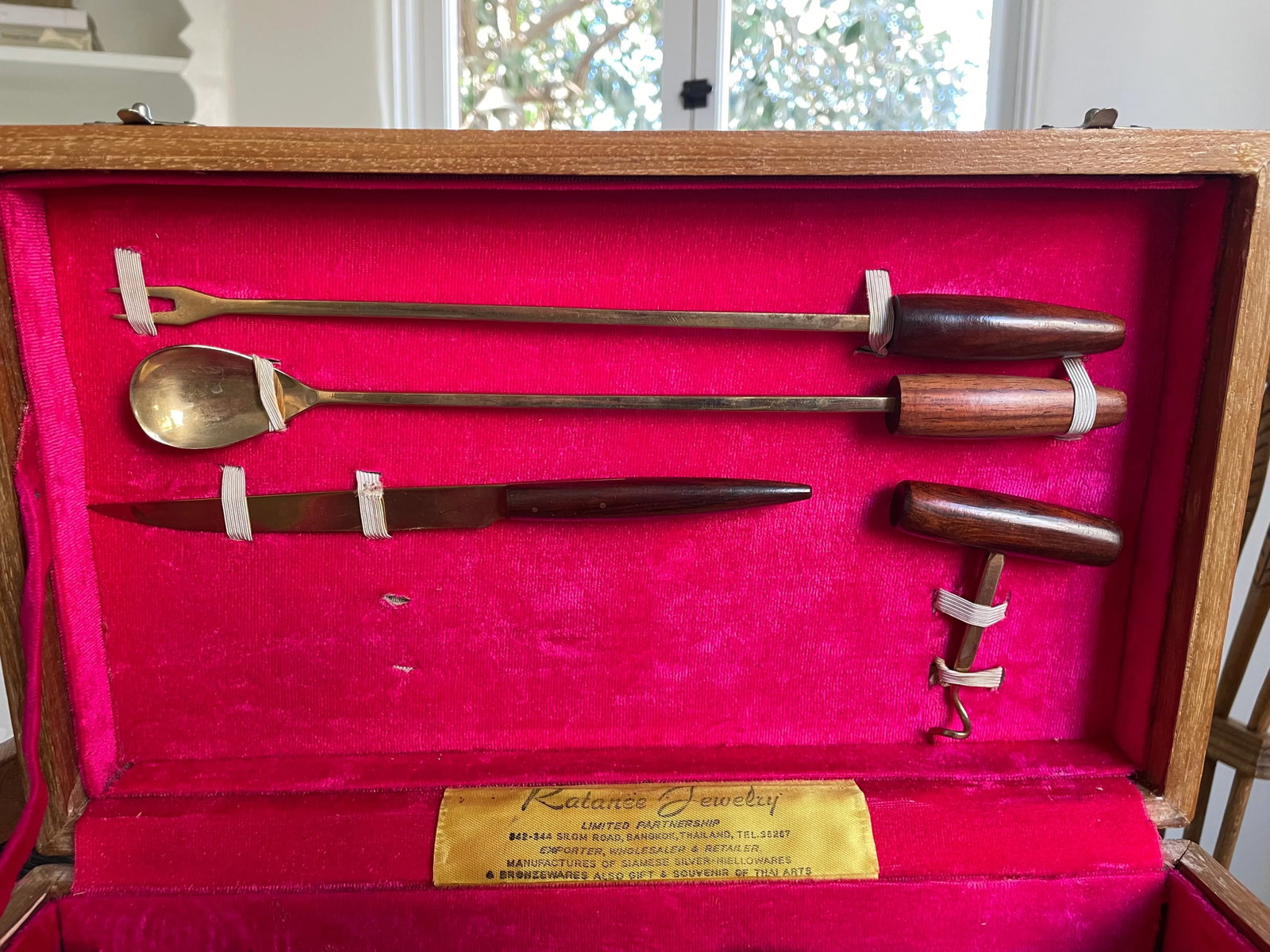 1940s Vintage Wood and Brass Bar Service Set From Thailand- 8 Pieces - 4
