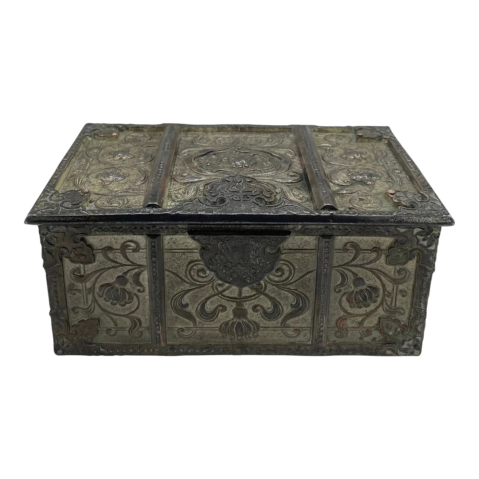 Late 19th Century Art Nouveau Japanese Teak Lined Tea Caddy: Gorgeous art nouveau lilies and vines entertained over this casket style trunk. Really beautiful and well thought out pattern. Appears to be silver plate over copper. Lined inside with wood! Marked