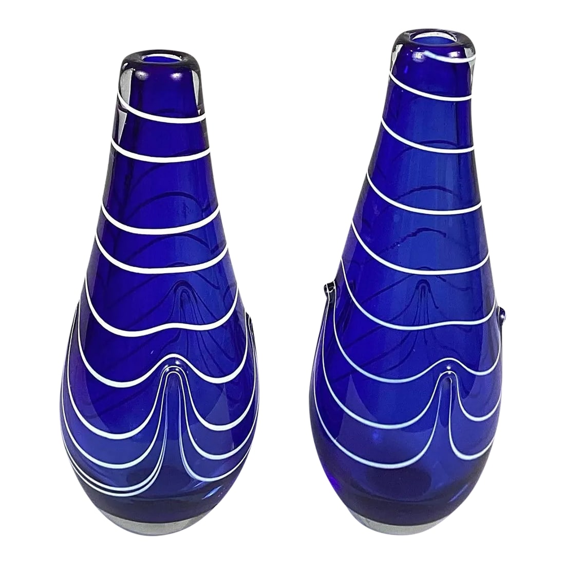 1930s Italian Hand Blown Cobalt Vases, Murano Attributed- Set of 2: Pair of handblown cobalt vases-made in Italy probably Murano The applied white line decorative accent -is made by hand and is slightly different on each vase Heavy, weighted bottom -Approximately 2