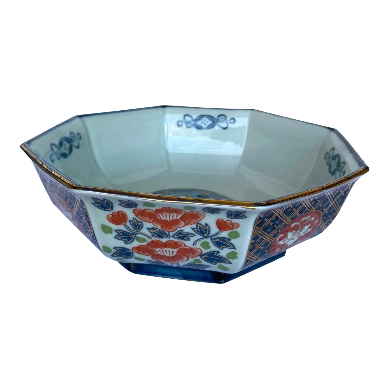 Antique Imari Arita Hexagon Bowl - Red, Blue & Gold Accents, Gold Trim: The Bowl has Hizen mark, as in only the Hi (Fei) part of Hizen (FeiQian) meaning Arita (YouTian) region. Usually the Meiji period (1868-1912). This Antique Imari Arita Hexagon Bowl, adorned with red,