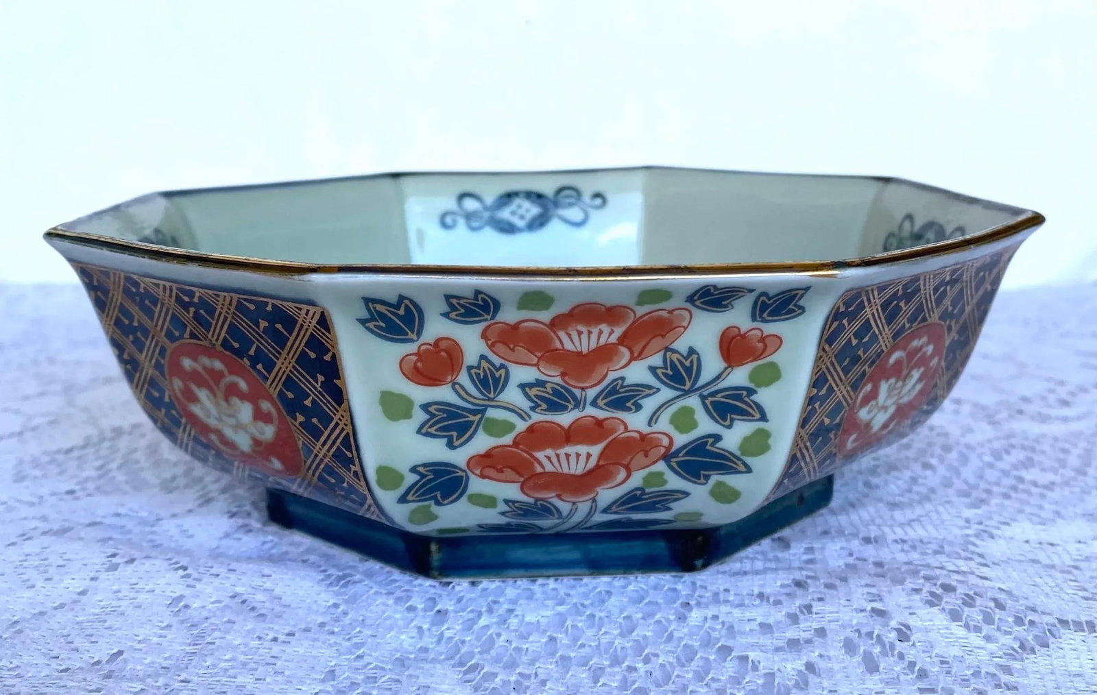 Antique Imari Arita Hexagon Bowl - Red, Blue & Gold Accents, Gold Trim - 2