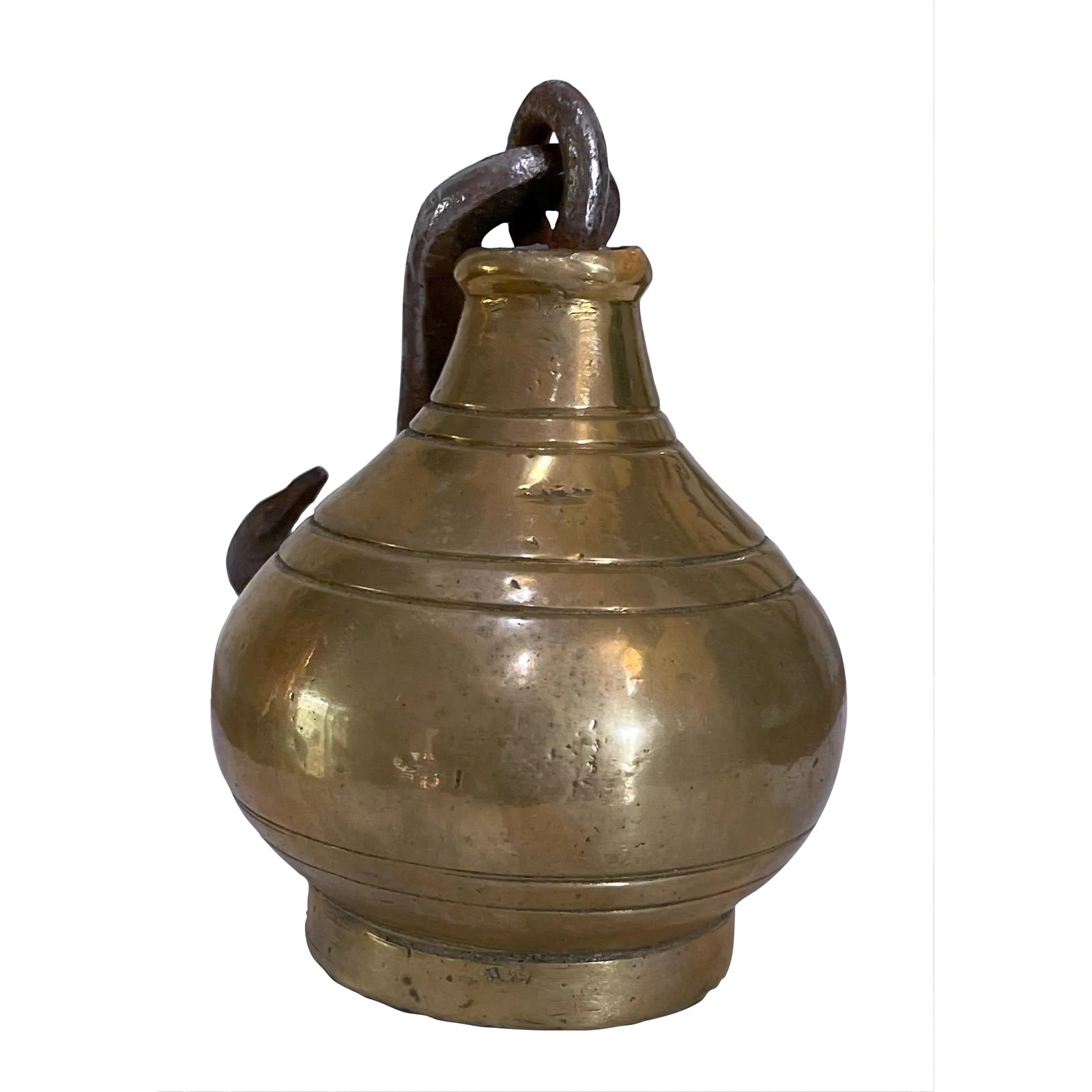 Antique Greek Brass 4 1/2 Pound Weight: A 4 1/2 pound antique weight for a hanging scale. Condition: Alterations: Original Condition Unaltered Imperfections: Some Imperfections Condition Notes: Original flaw in brass material; some rust on