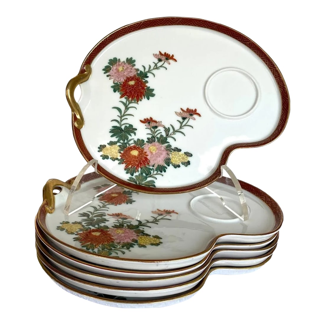 Vintage 1960s Kutani Japan Hand Painted Snack Plate - Set of 6, Red Band With Gold Zig Zag, Gosai Fl: The Snack Plate is a sealed script generic "Kaku" (square) style version 1960s of "Kutani". Kutani porcelain is a style of Japanese porcelain that originated in the Kutani village, now part of Kaga Ci