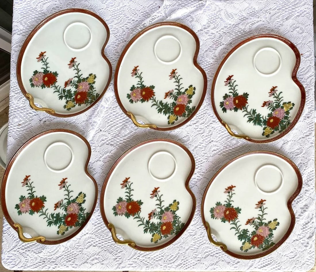Vintage 1960s Kutani Japan Hand Painted Snack Plate - Set of 6, Red Band With Gold Zig Zag, Gosai Fl - 2