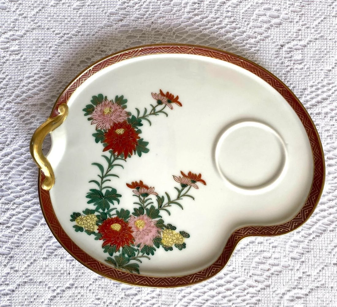 Vintage 1960s Kutani Japan Hand Painted Snack Plate - Set of 6, Red Band With Gold Zig Zag, Gosai Fl - 3