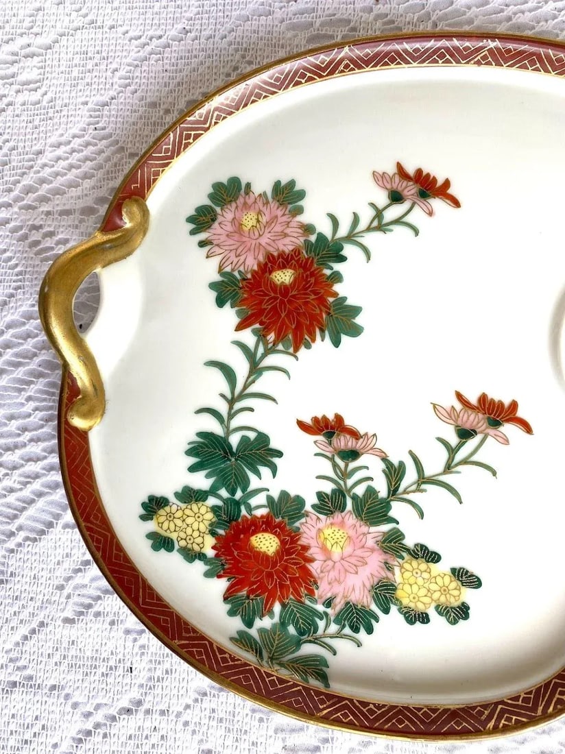 Vintage 1960s Kutani Japan Hand Painted Snack Plate - Set of 6, Red Band With Gold Zig Zag, Gosai Fl - 4