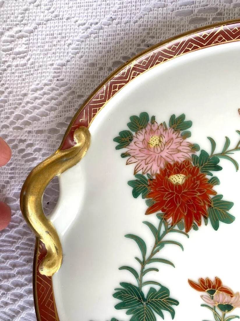 Vintage 1960s Kutani Japan Hand Painted Snack Plate - Set of 6, Red Band With Gold Zig Zag, Gosai Fl - 5
