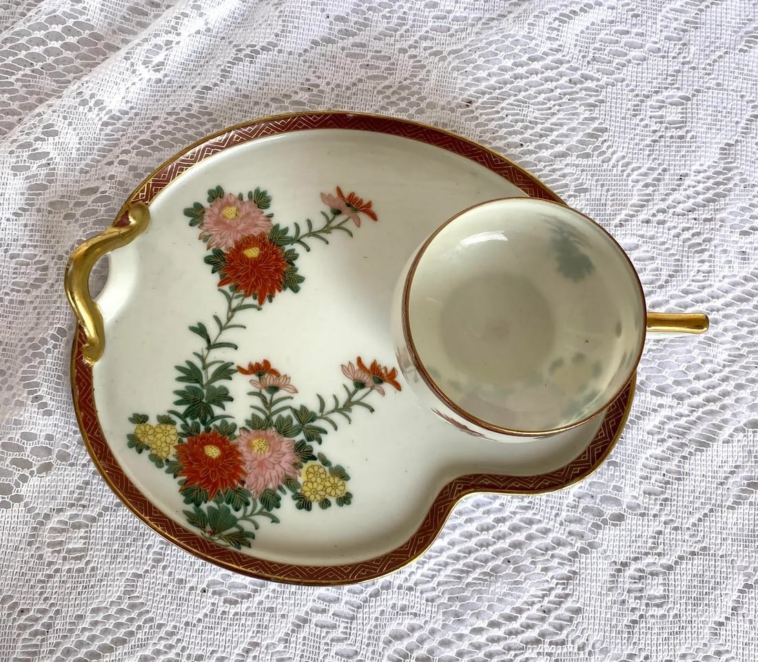 Vintage 1960s Kutani Japan Hand Painted Snack Plate - Set of 6, Red Band With Gold Zig Zag, Gosai Fl - 7