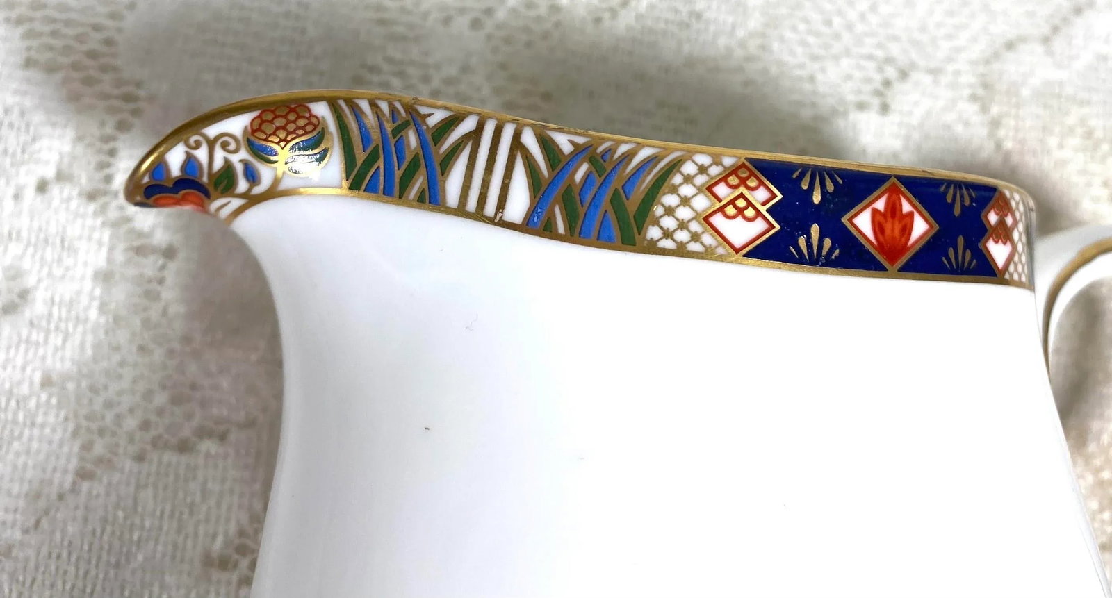 1990s Royal Crown Derby Rutland Sugar Bowl and Creamer - Blue & Rust Flowers, Gold Lattice Design, G - 10