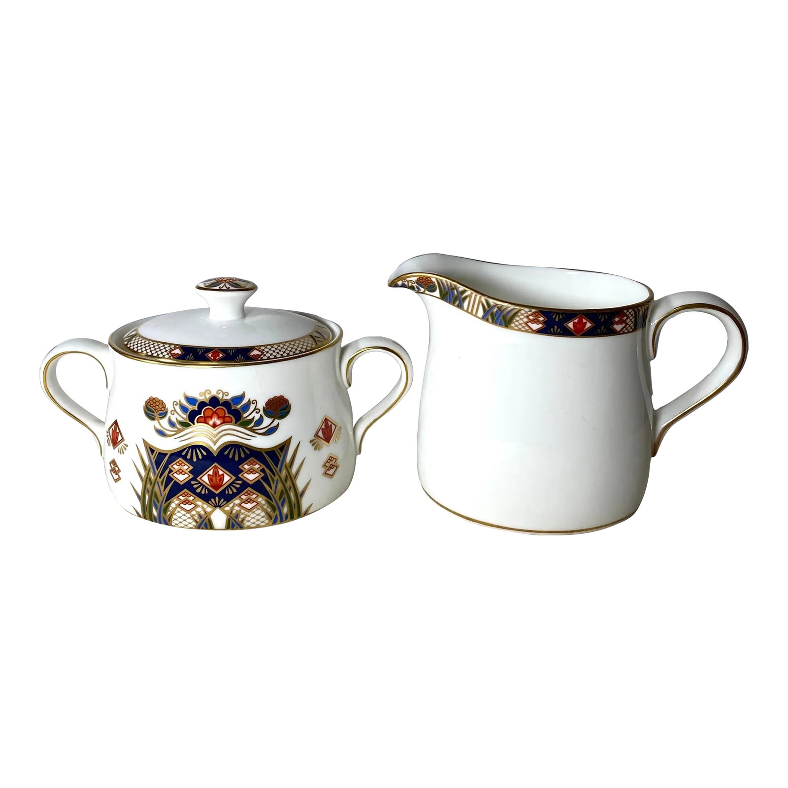 1990s Royal Crown Derby Rutland Sugar Bowl and Creamer - Blue & Rust Flowers, Gold Lattice Design, G (1 of 11)