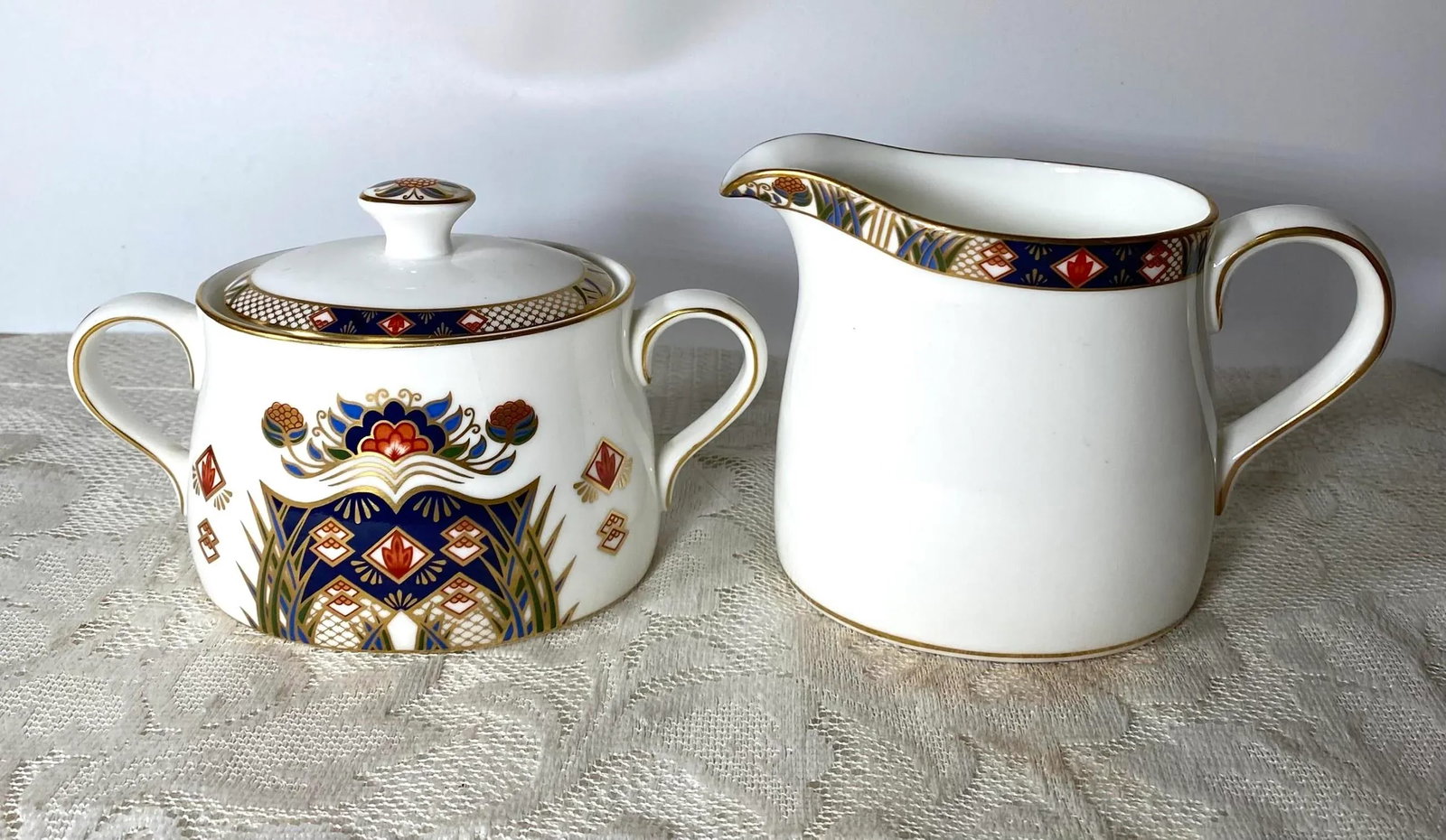 1990s Royal Crown Derby Rutland Sugar Bowl and Creamer - Blue & Rust Flowers, Gold Lattice Design, G - 2