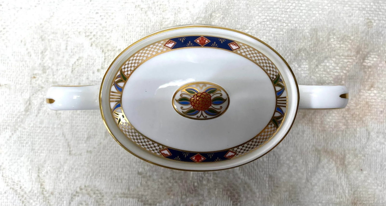 1990s Royal Crown Derby Rutland Sugar Bowl and Creamer - Blue & Rust Flowers, Gold Lattice Design, G - 6