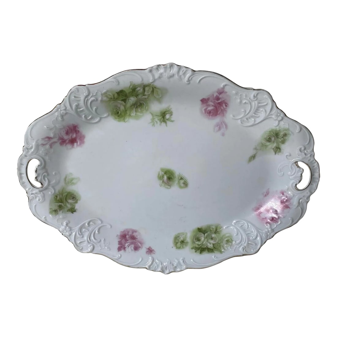 1930s Hermann Ohme "Elysee" Oval Platter - Pink & Green Underglaze Roses - Pink & Green Roses on Whi: The mark in plate is Hermann Ohme, a German porcelain manufacturer known for producing high-quality porcelain items, particularly during the late 19th and early 20th centuries. OHME porcelain is