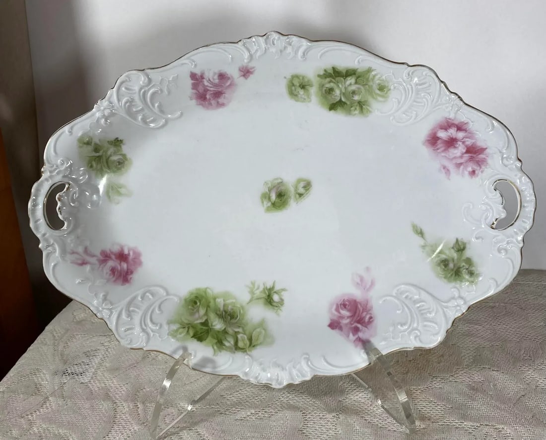 1930s Hermann Ohme "Elysee" Oval Platter - Pink & Green Underglaze Roses - Pink & Green Roses on Whi - 2