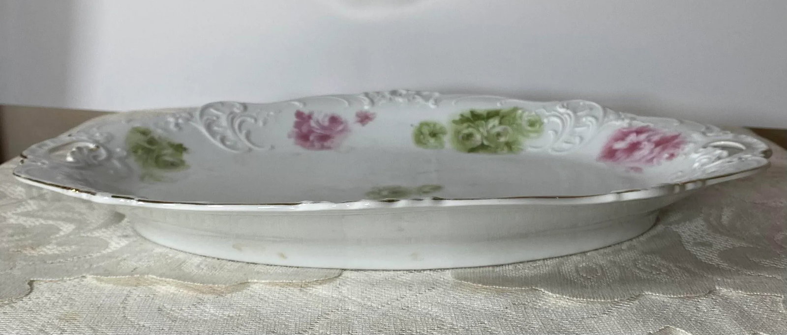 1930s Hermann Ohme "Elysee" Oval Platter - Pink & Green Underglaze Roses - Pink & Green Roses on Whi - 3