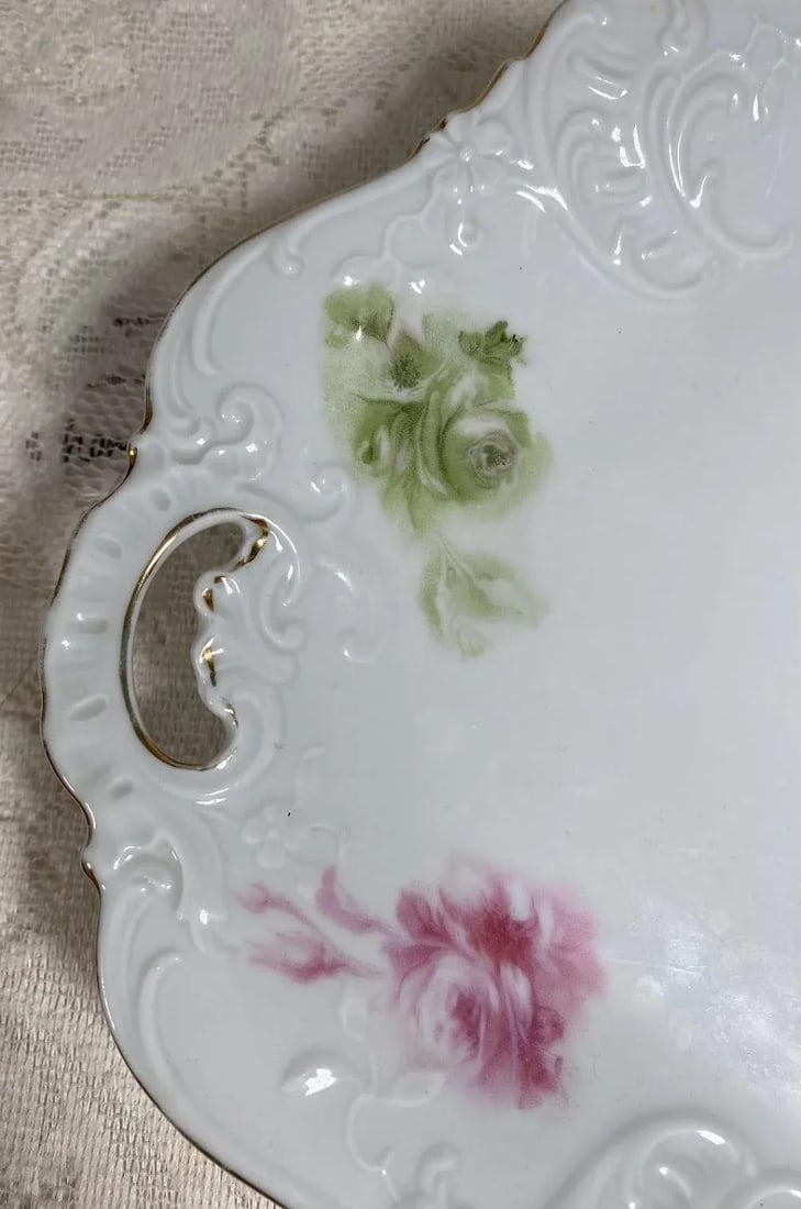 1930s Hermann Ohme "Elysee" Oval Platter - Pink & Green Underglaze Roses - Pink & Green Roses on Whi - 4