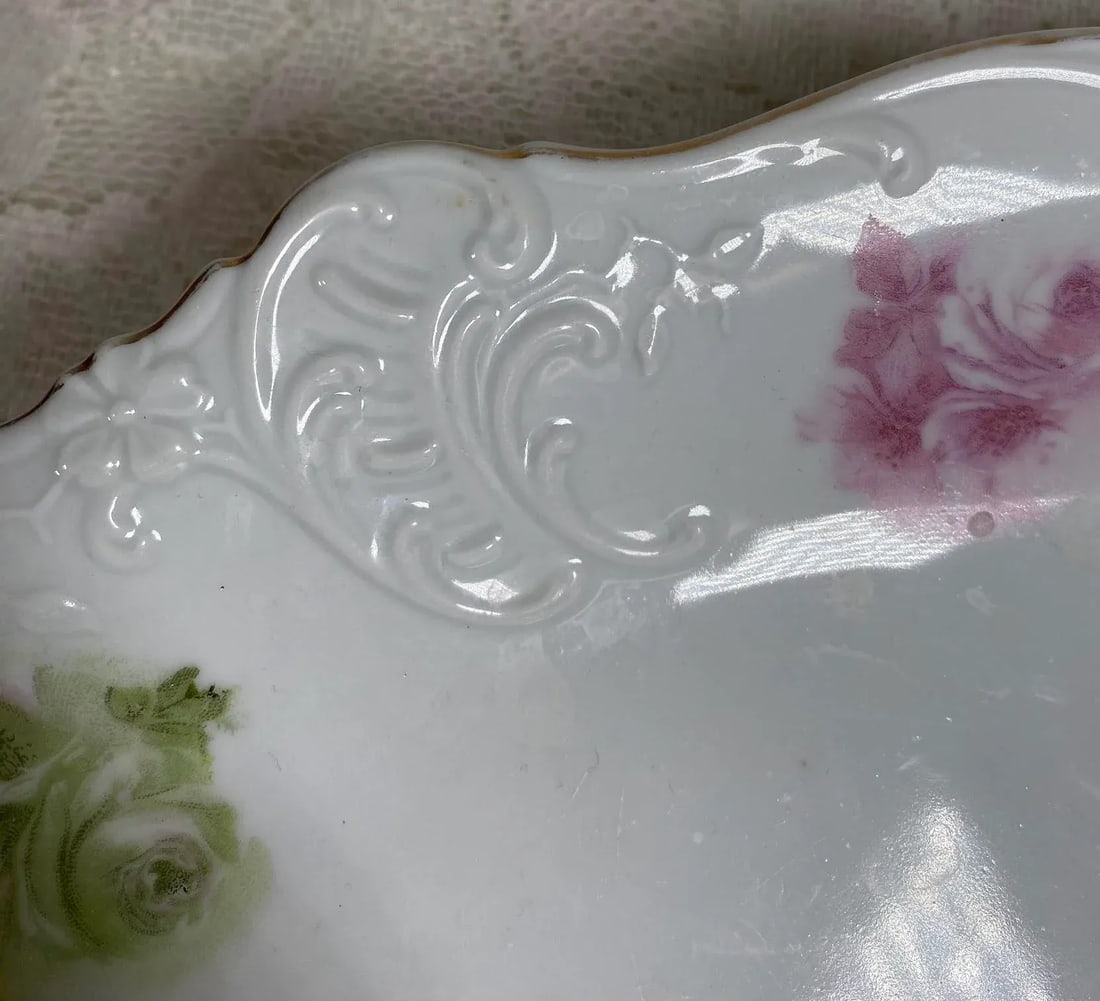 1930s Hermann Ohme "Elysee" Oval Platter - Pink & Green Underglaze Roses - Pink & Green Roses on Whi - 5