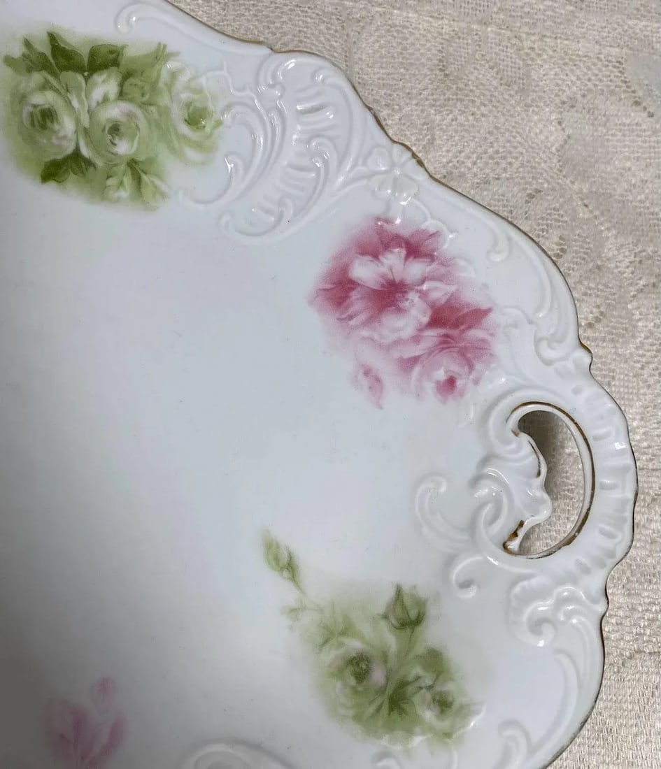 1930s Hermann Ohme "Elysee" Oval Platter - Pink & Green Underglaze Roses - Pink & Green Roses on Whi - 6