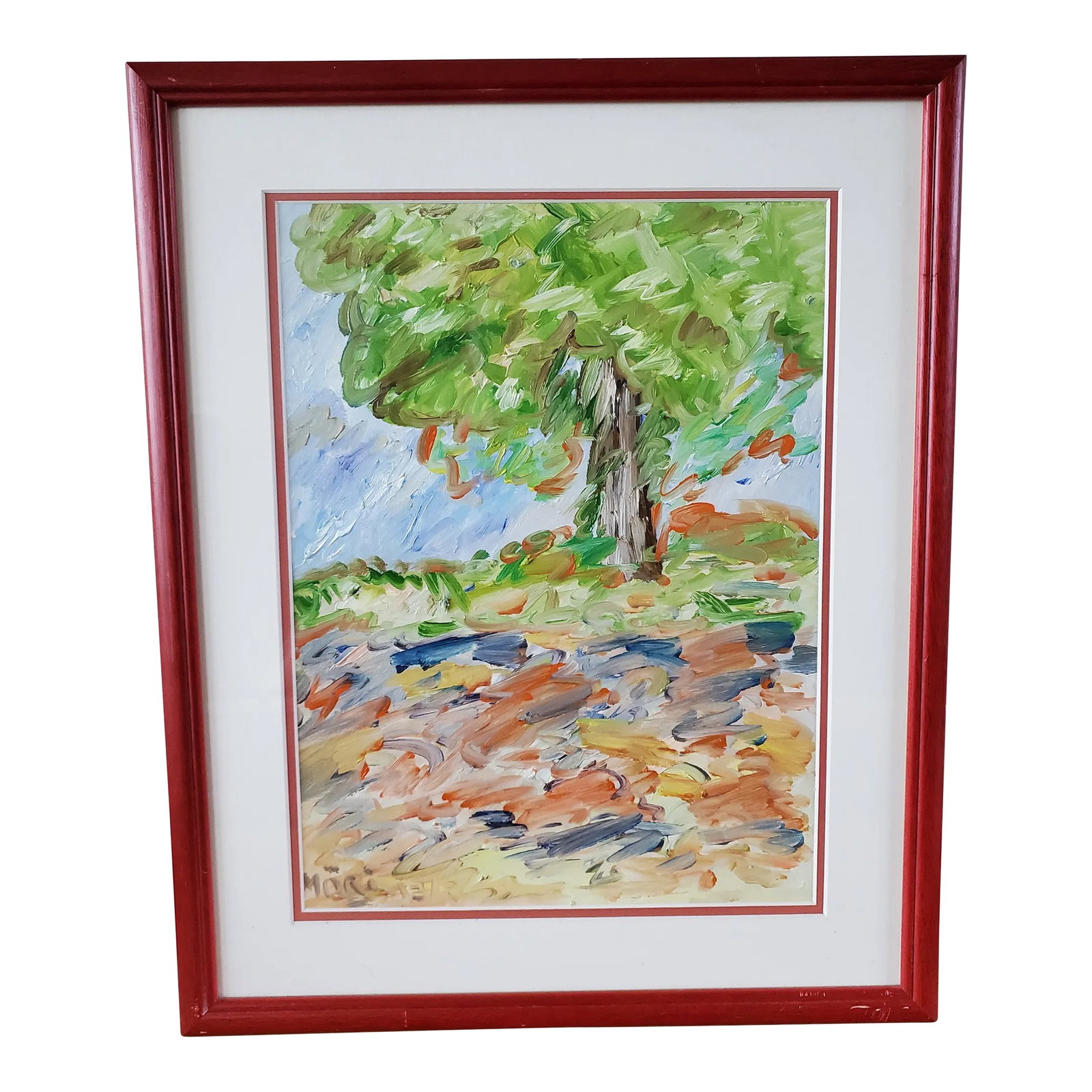 Mori Pierre Oil Painting of Tree, Signed: Wonderfully textured painting of a tree by French artist, Pierre Mori featuring heavy brush strokes in vibrant greens, blues and terracotta oranges. In its original frame from Pierre Mori's studio in 