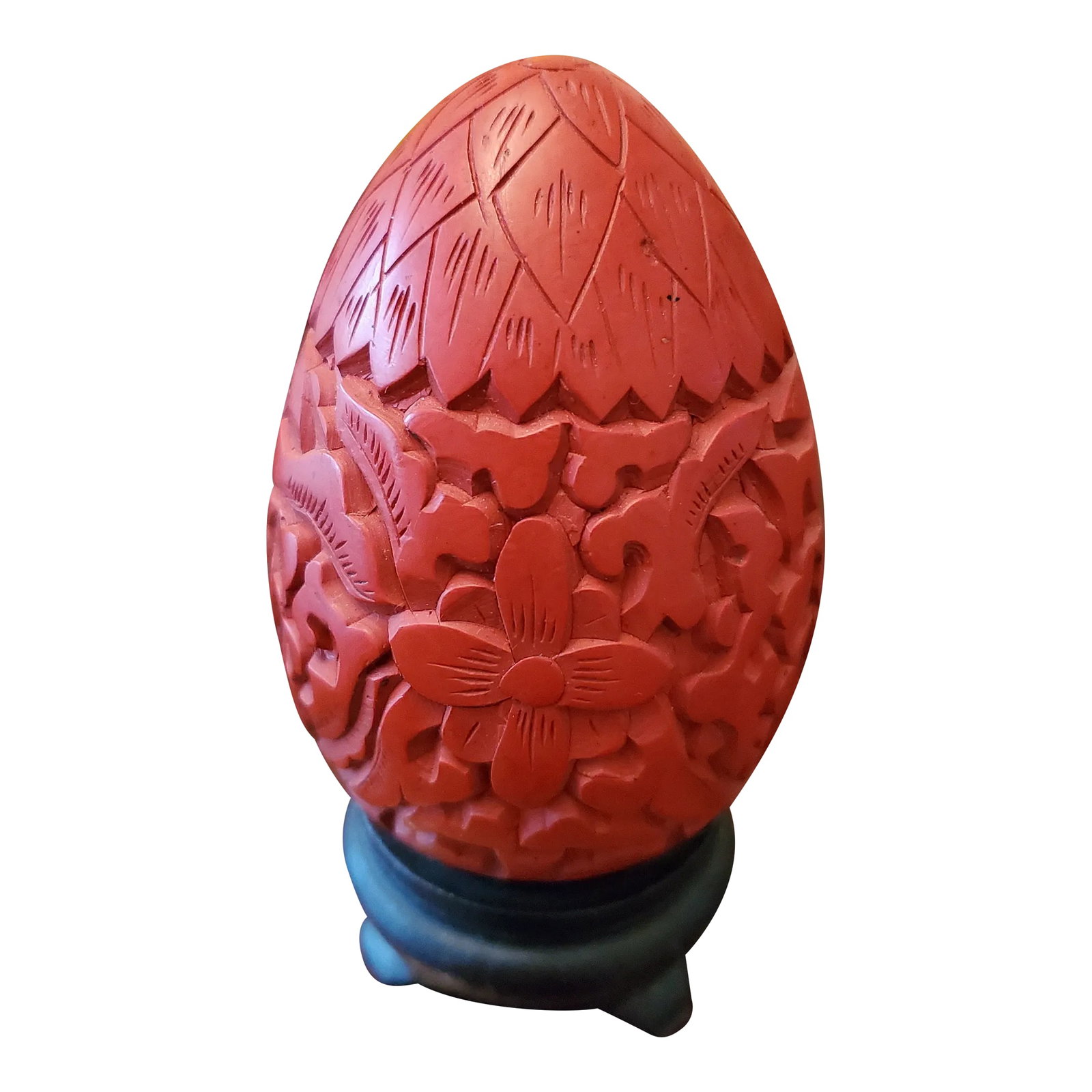 Vintage Chinese Cinnabar Lacquer Signed Egg Carved: A very fine vintage Chinese signed cinnabar lacquer egg ( carved signature on the bottom of egg as shown in my last image). Masterfully engraved and carved depicting the lotus flower and organic