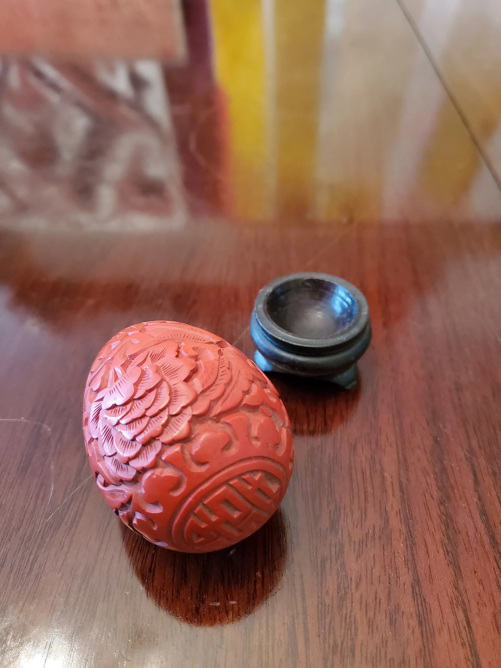 Vintage Chinese Cinnabar Lacquer Signed Egg Carved - 4