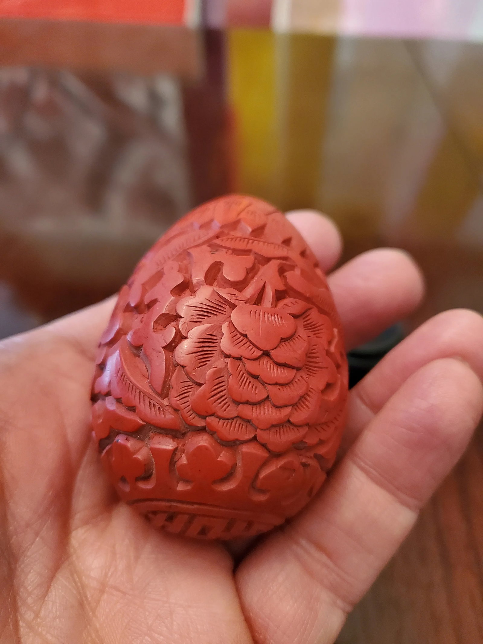 Vintage Chinese Cinnabar Lacquer Signed Egg Carved - 5