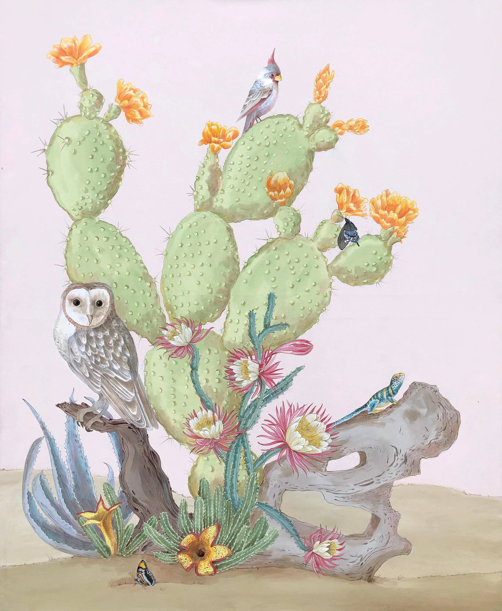 "Sonoran Oasis" Desert Owl Painting in the Chinoiserie Style by Allison Cosmos: Inspired by the beauty of the Sonoran desert, this work of art includes a wise barn owl, an Eastern collared lizard, the desert cardinal and 2 beautiful delicate butterflies. They commingle with
