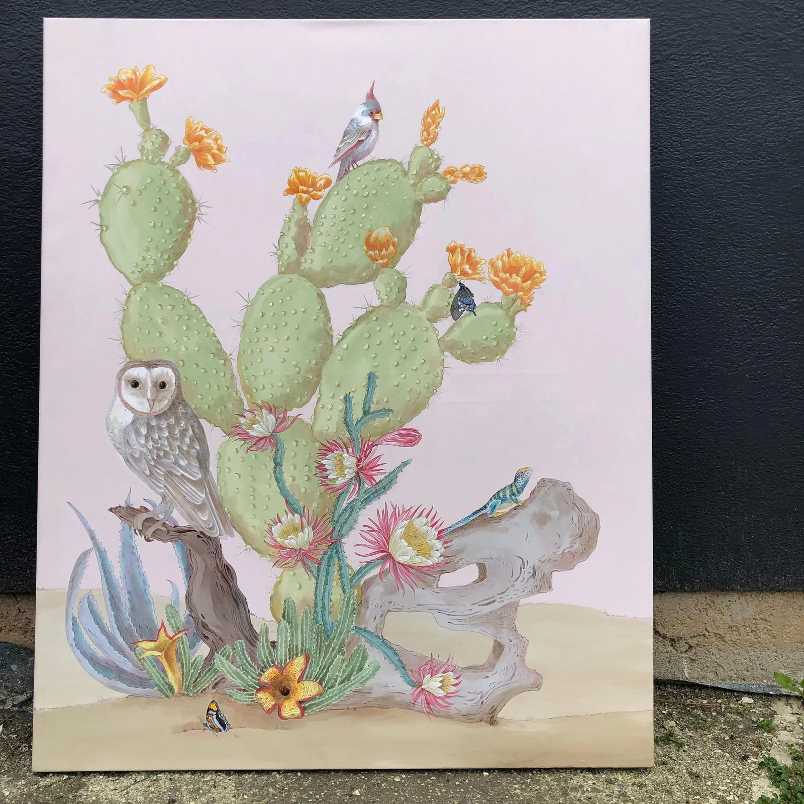 "Sonoran Oasis" Desert Owl Painting in the Chinoiserie Style by Allison Cosmos - 2