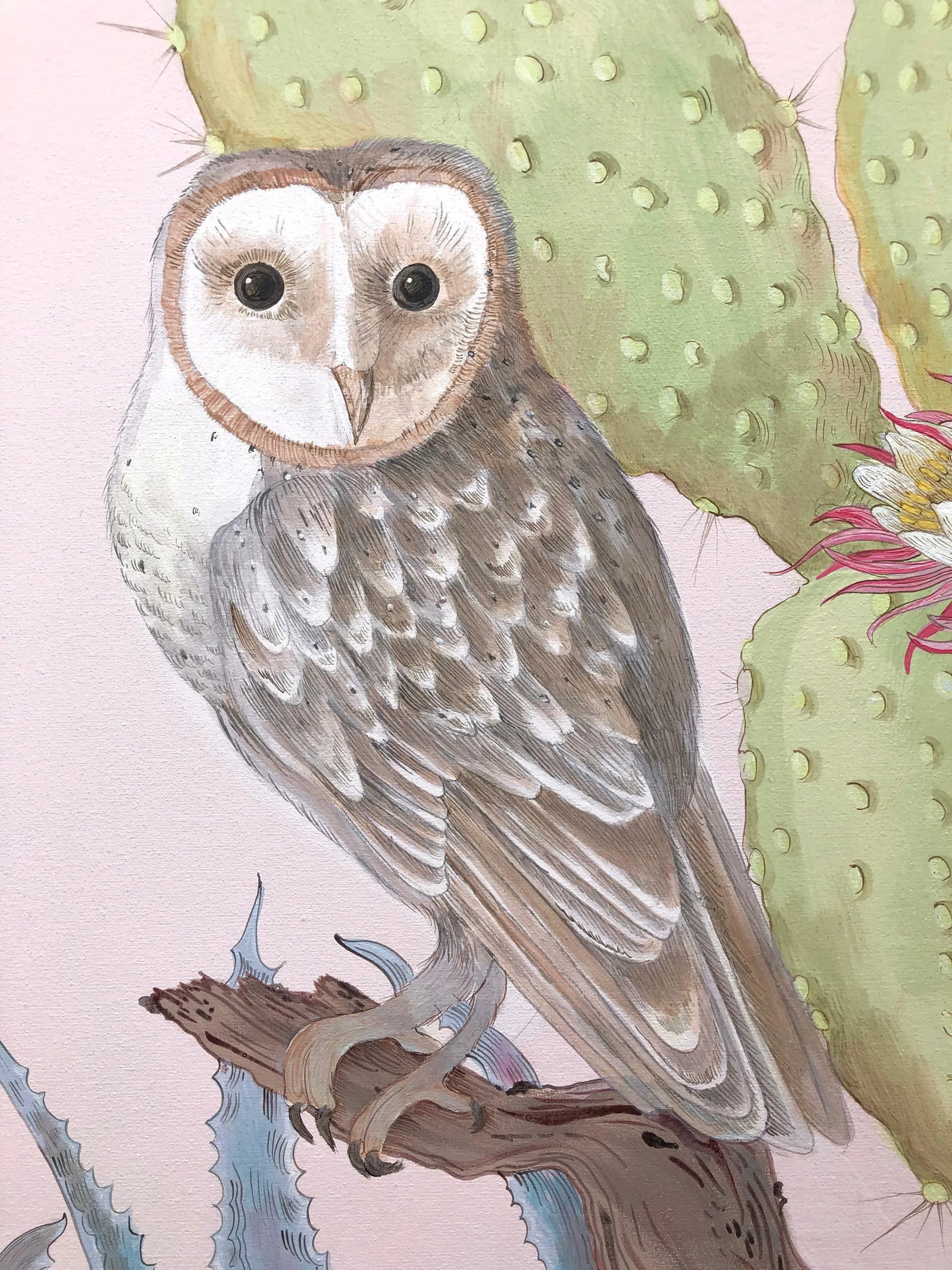 "Sonoran Oasis" Desert Owl Painting in the Chinoiserie Style by Allison Cosmos - 5