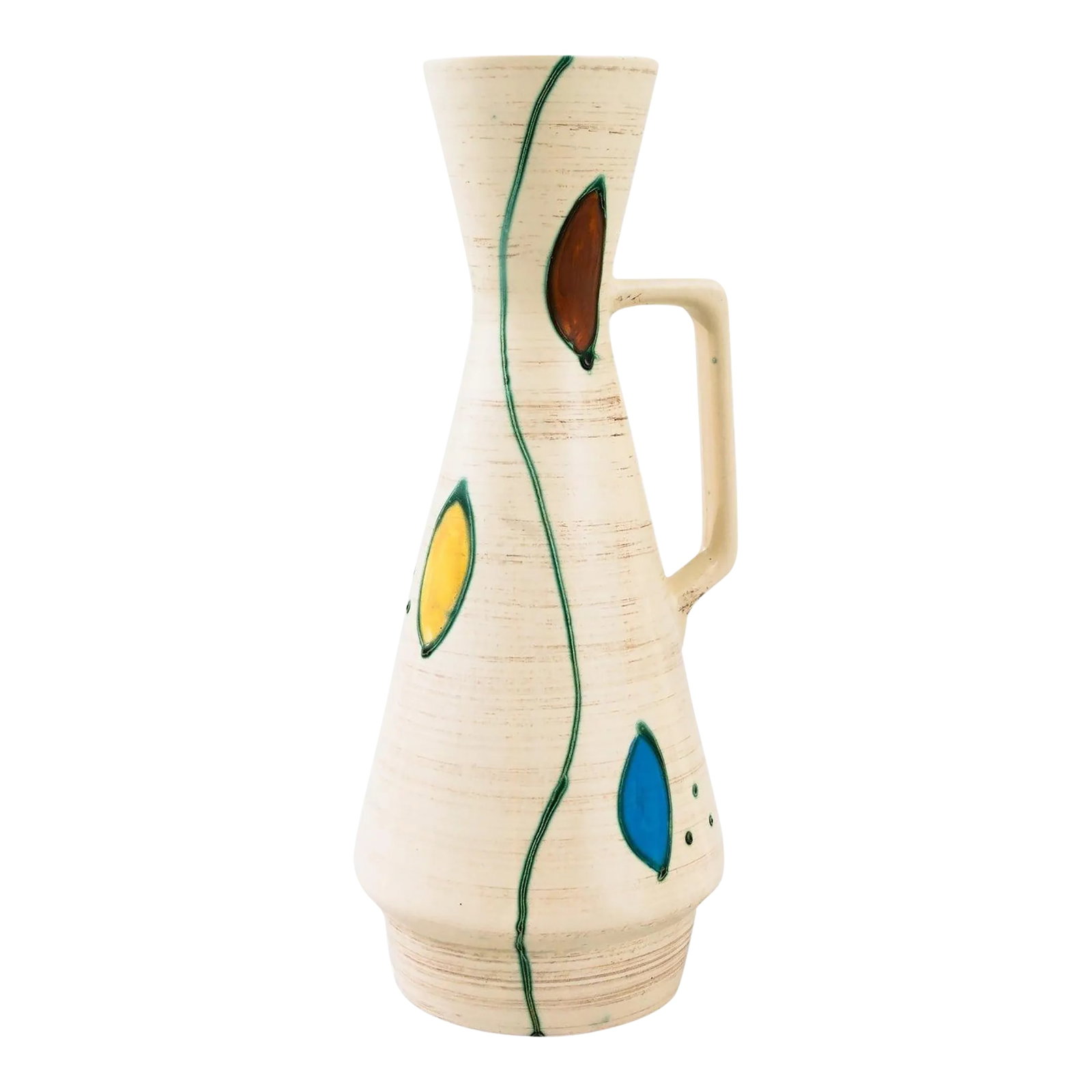 1960s Mid-Century Modern W. Germany Ceramic Vase: A ceramic vase from mid-20th century Germany. Neither large nor small, this studio made pot reflects the hand-held, and the handmade; the tactility of process and the artist's vision- realized on the