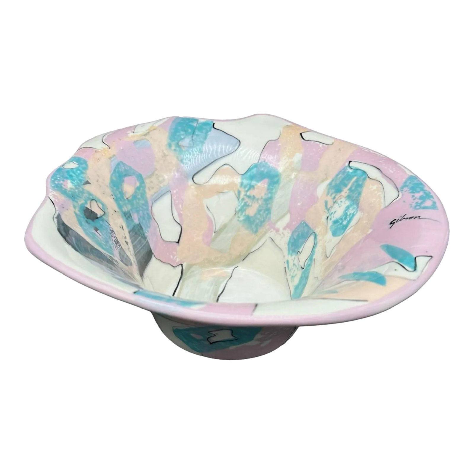 1980s Post-Modern Geometric Art Hand-Painted Centerpiece Bowl by Gibson Signed: This unique centerpiece bowl by Gibson is a masterpiece of post-modern art. The intricate geometric pattern in multicolor makes it a stunning piece to add to the collection. The bowl is signed and