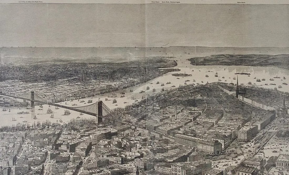 View of Proposed Brooklyn Bridge and New York City, 1870 - 2
