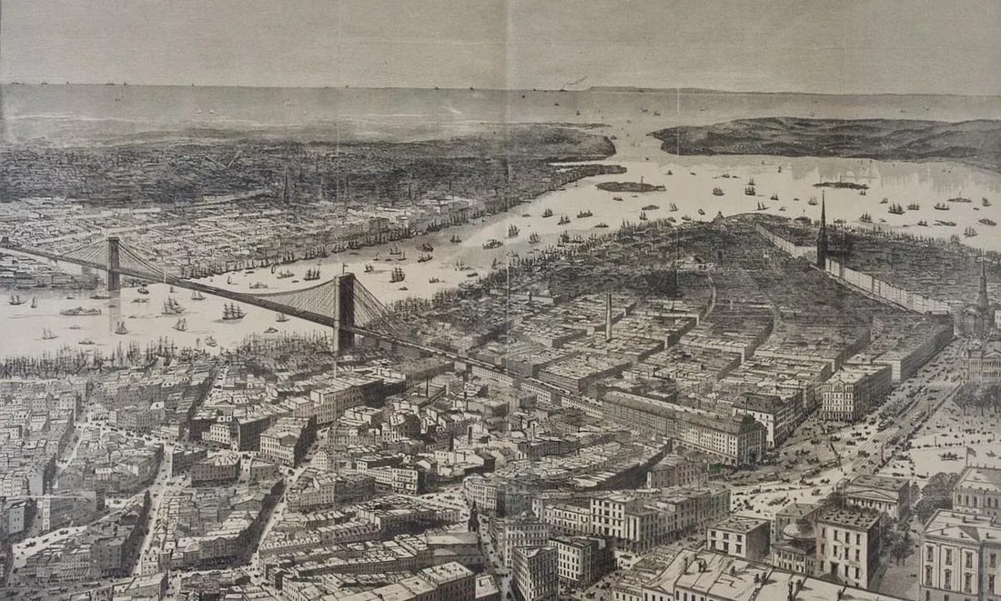 View of Proposed Brooklyn Bridge and New York City, 1870 - 3