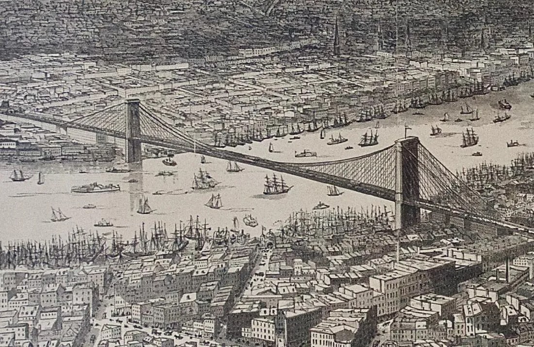 View of Proposed Brooklyn Bridge and New York City, 1870 - 4