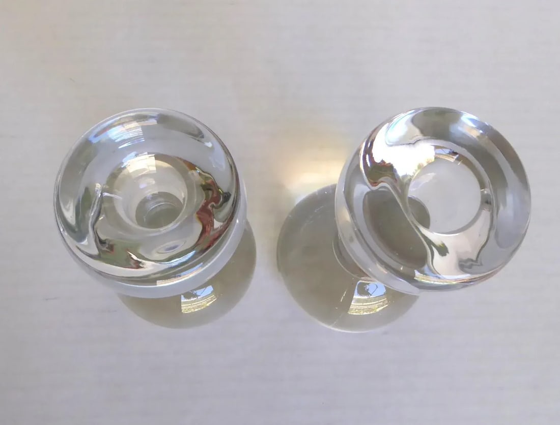 Pair Art Deco Modern Swedish Crystal Candleholders Dumbell Shaped 1940s - 3