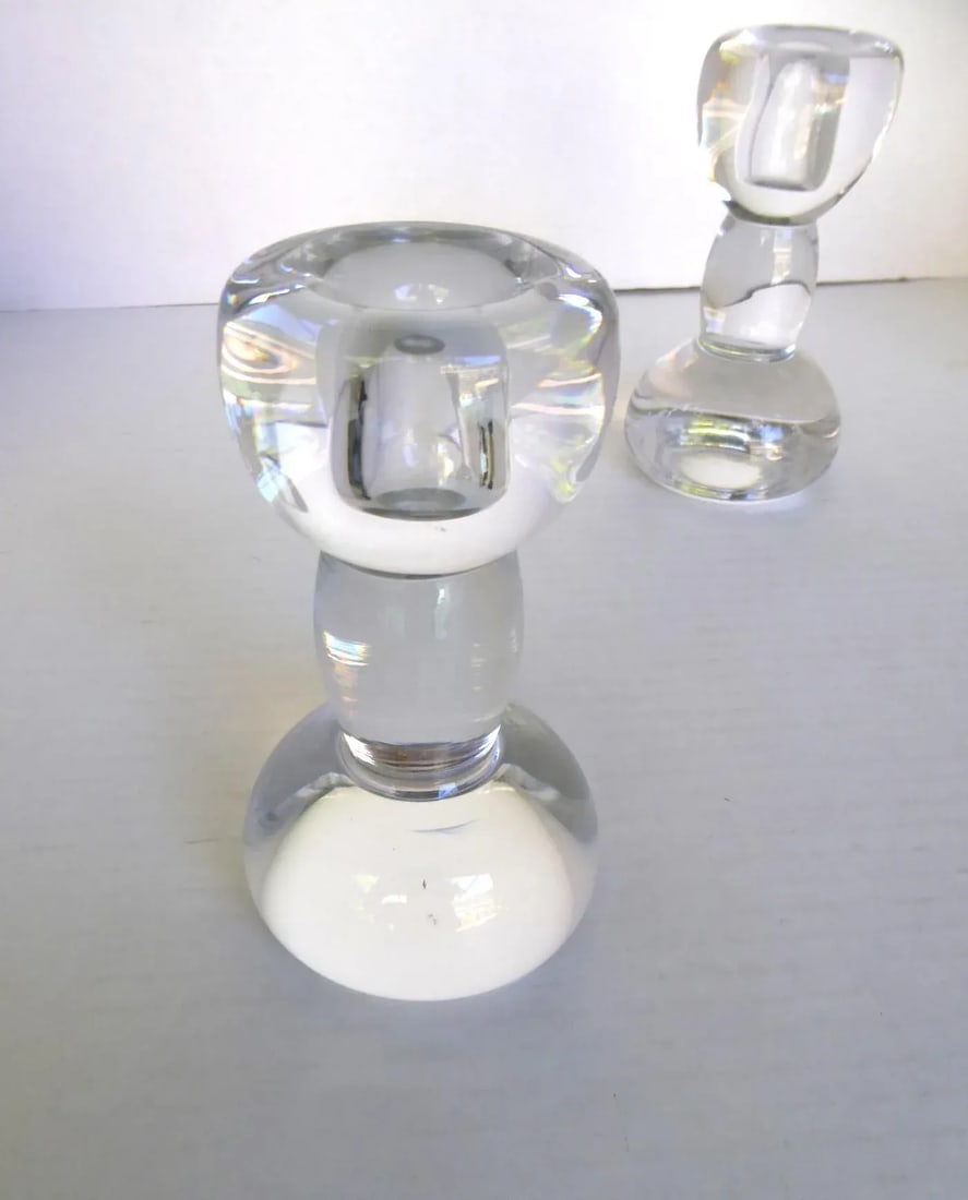 Pair Art Deco Modern Swedish Crystal Candleholders Dumbell Shaped 1940s - 4