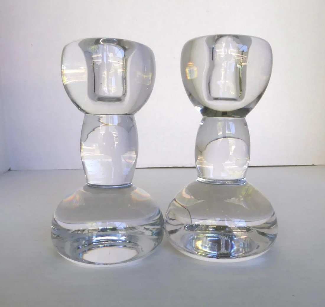 Pair Art Deco Modern Swedish Crystal Candleholders Dumbell Shaped 1940s - 9